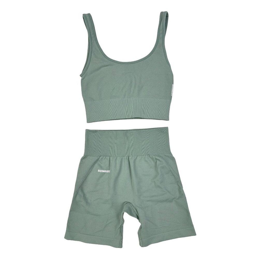 Second Left - Seamless Low Back Crop Top and Seamless Bike Shorts in Sage Green